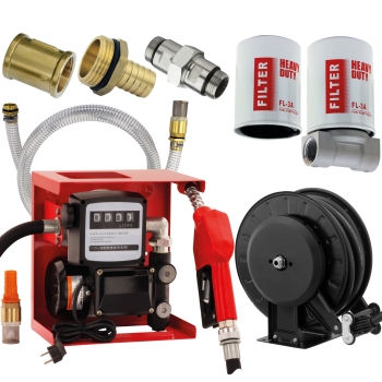 Dieselpumpe 230V komplett, 15m Schlauch Verlängerung Sparpaket Diesel Hoftankstelle 230V 60l/min, Profi Schlauchaufroller, Filter Set