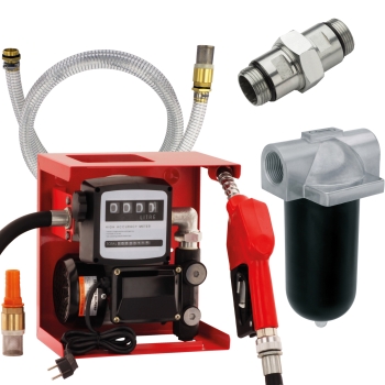 Dieselpumpe 230V komplett, 2m Saugschlauch, Dieselfilter Sparpaket Diesel Hoftankstelle selbstansaugend 230V 60l/min + Dieselfilter waschbar